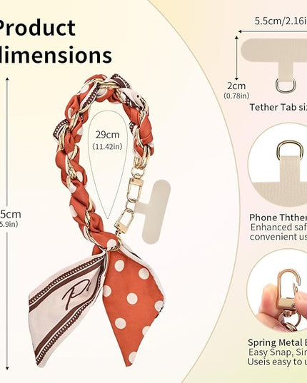 Fycyko Phone Wrist Strap with Gold Metal Scarf and Universal Tether Tab, Aesthetic Print Design Ribbon Chain, Multi-Purpose Accessories for Bag Key Cellphone for Men Women Girls-Orange Polka Dot