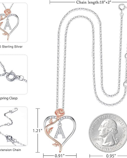 Iefil Christmas Gifts for Women Wife - 925 Sterling Silver Rose Heart Initial Necklace, Anniversary Birthday Gifts for Women, Jewelry Gift for Her Wife Girlfriend Mom Daughter
