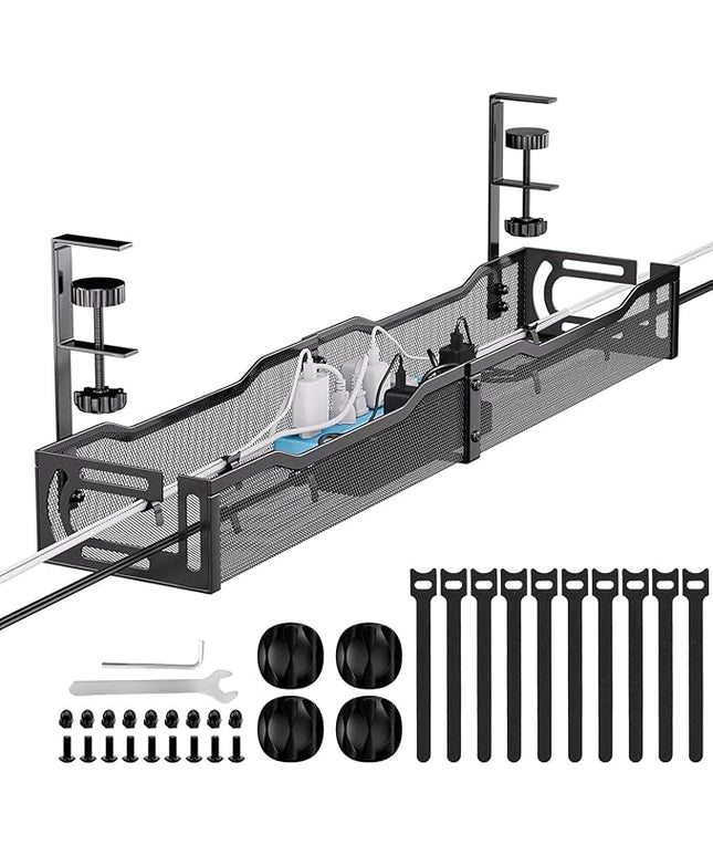 Cable Management, 25'' Cable Management Under Desk No Drill, Metal Cord Organizer with Clamp for Standing Desk, Cable Organizer for Home Office, Black