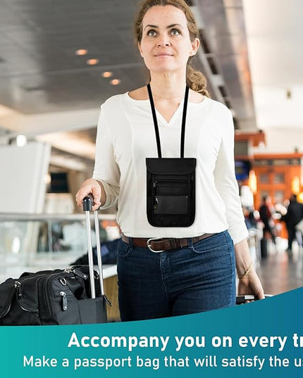 sundee Travel Neck Wallet with Double Zippers, RFID Blocking Passport Holder with Adjustable Neck Strap for Men and Women to Keep Cash, Credit Cards and Travel Documents Safe - Black