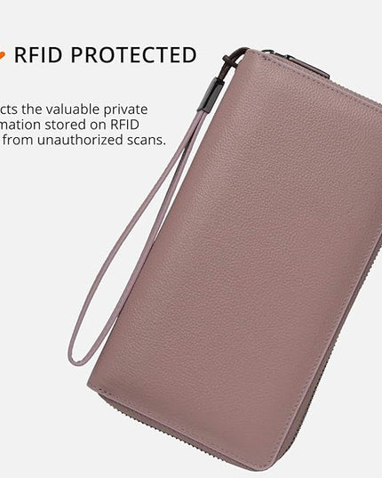 Bveyzi Women RFID Blocking Wallet Leather Zip Around Phone Clutch Large Capacity Ladies Travel Purse Wristlet | RFID Blocking, Zip Around, Large Capacity