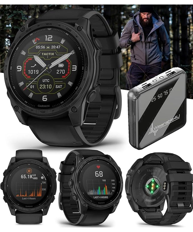 Garmin Tactix 8 51mm Solar Charged Display, Titanium Bezel, Sapphire Lens, Premium Tactical GPS Smartwatch, Includes Applied Ballistics Ultralight Solver, 40M Dive Rating w/Wearable4U PowerBank Bundle
