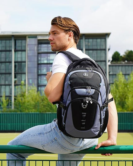 Swissdigital Design Laptop Backpack with USB Charging Port, Travel Backpack Fits 15.6 inches Computer, 31L College School Backpack for Men, Haze Blue/Black | SD803-16