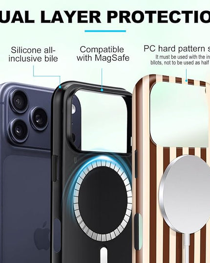 Magnetic for iPhone 17 Pro Max Case Cute Stripes Phone Case, Shockproof Slim TPU and Hard PC Protective Phone Cover Compatible with MagSafe Designed for Women Girls, Brown