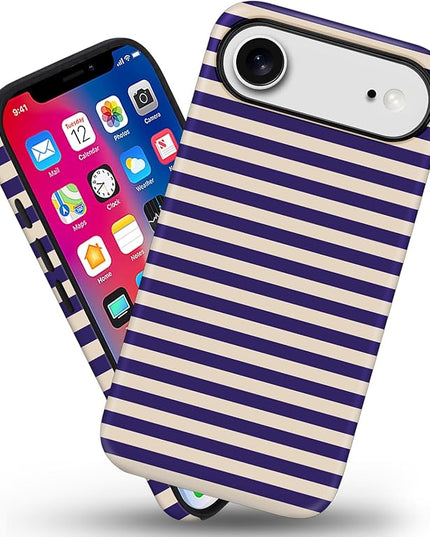 Magnetic for iPhone 17 Air Case Cute Stripes Phone Case, Shockproof Slim TPU and Hard PC Protective Phone Cover Compatible with MagSafe Designed for Women Girls, Blue&Apricot