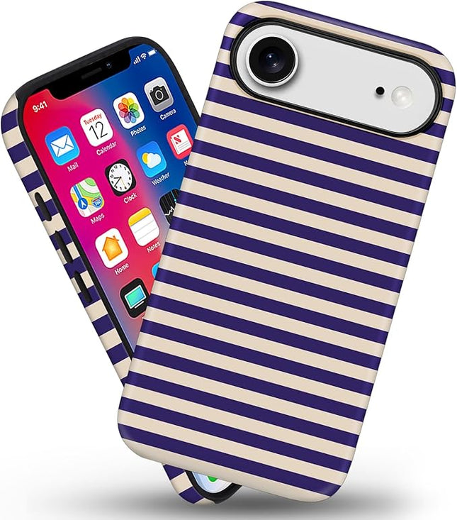 Magnetic for iPhone 17 Air Case Cute Stripes Phone Case, Shockproof Slim TPU and Hard PC Protective Phone Cover Compatible with MagSafe Designed for Women Girls, Blue&Apricot