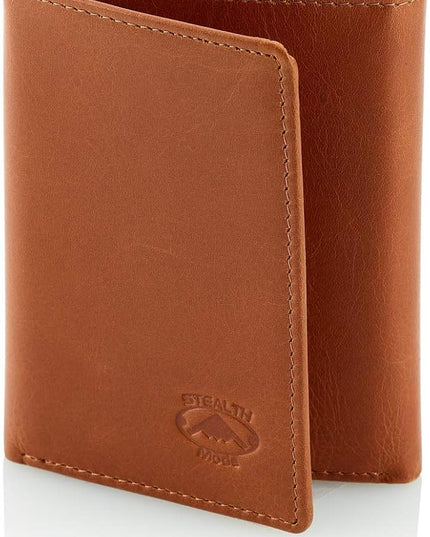 Stealth Mode Trifold Wallet - RFID Blocking Wallet with Flip ID Holder - Leather Case for Money, Credit Cards - Mens Organizer, Divided Billfold, Identity Protection - Men's Gifts (Light Brown)