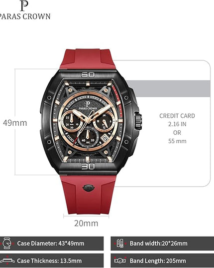 Paras Crown Watches for Men Tonneau 5ATM Waterproof Quartz Luxury Chronograph Analog Men's Wrist Watches Stainless Steel Case Mens Watches