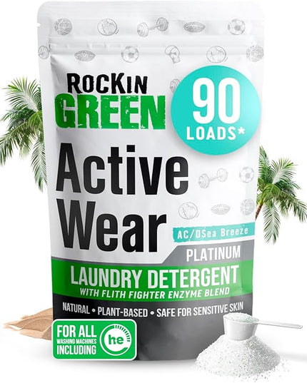Rockin' Green Laundry Detergent, Plant based, All Natural Laundry Detergent Powder, Vegan and Biodegradable Odor Fighter, Safe for Sensitive Skin (Active Wear 90 Loads - AC/DSea Breeze)