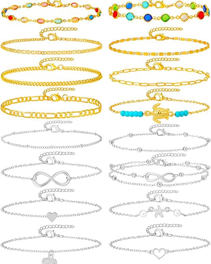 Starain 12Pcs Summer Beach Anklets for Women Waterproof Gold Silver Chain Ankle Bracelets Cute Women's Foot Anklet Set 7.9-10.5 inch Adjustable