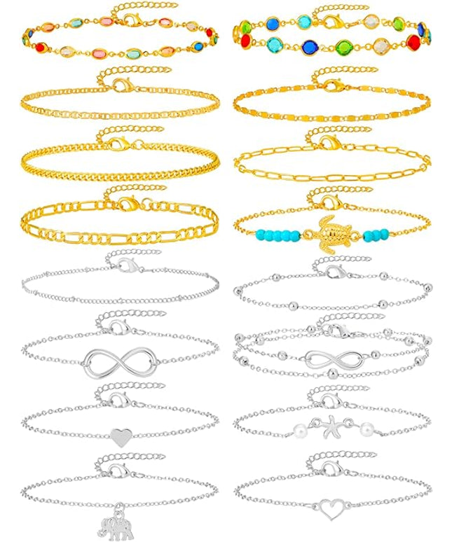 Starain 12Pcs Summer Beach Anklets for Women Waterproof Gold Silver Chain Ankle Bracelets Cute Women's Foot Anklet Set 7.9-10.5 inch Adjustable
