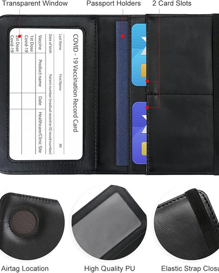 Passport Holder with AirTag – RFID Blocking Travel Document Wallet, Leather Passport Cover with AirTag Slot, Keeps Passport Safe & Trackable (Black)