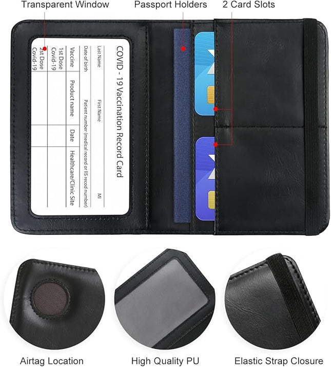 Passport Holder with AirTag – RFID Blocking Travel Document Wallet, Leather Passport Cover with AirTag Slot, Keeps Passport Safe & Trackable (Black)