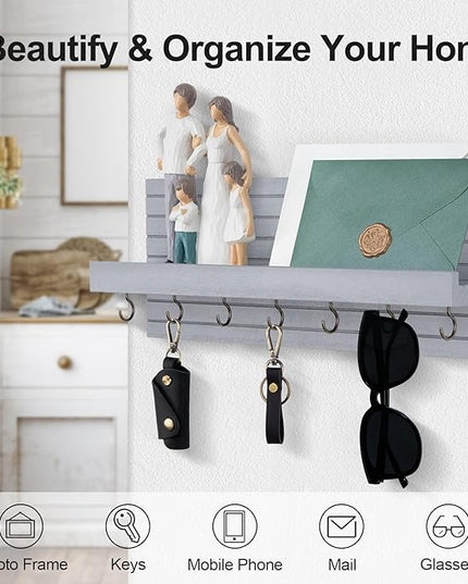 Lwenki Decorative Key Holder for Wall with Shelf, Entryway Shelf with Hooks Holds Leashes, Jackets and Glasses – Sturdy Wood Keyholder Entrance Hanger with Mounting Hardware (Gray, Large)