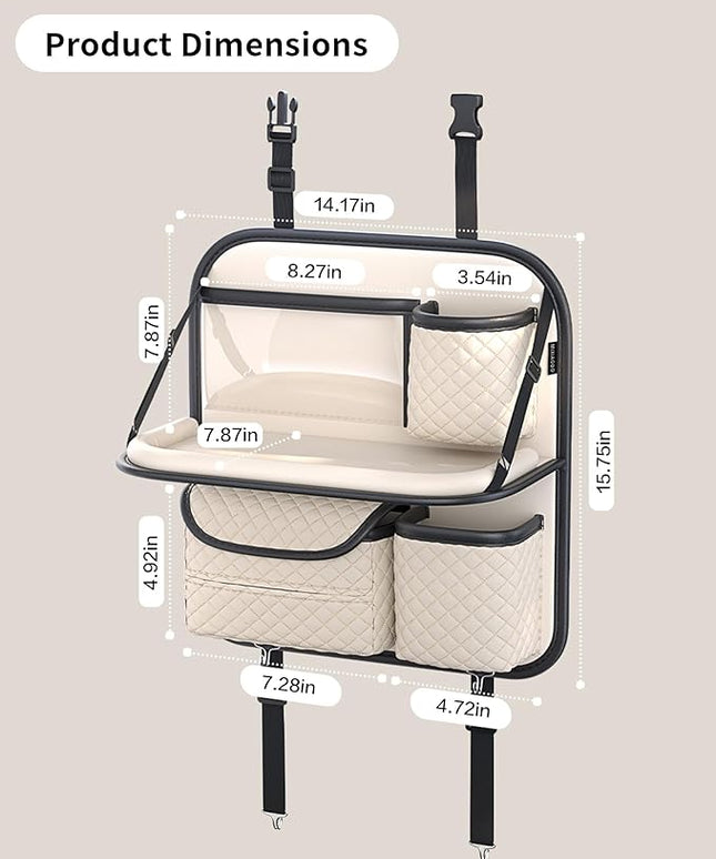 Leather Car Backseat Organizer with Foldable Table Tray - Cup/Tissue/Tablet Holder, Car Seat Back Storage Organizer, Road Trip Essentials for Adults & Kids (white)
