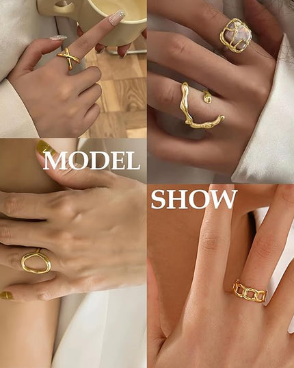 Chunky 14K Gold Plated Stackable Rings Set for Women,Vintage Knuckle Rings Dainty Hollow Carved Joint Finger Midi Rings Pack Adjustable Signet Mixed Size