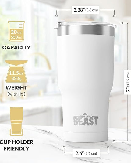 BEAST Insulated Coffee Mug – 900 ml I Arctic White I Stainless Steel I Reusable, Insulated Cups I 2 Straws and Cleaning Brush, Double Walled Travel Coffee Thermos I Hot or Iced Coffee