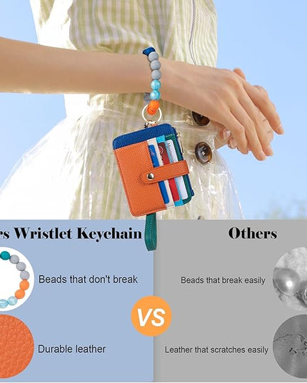 Keychain Wallet with Bracelet RFID Blocking Wristlet Credit Purse Card Holder, Silicone Bead Tassel Key Ring for Women