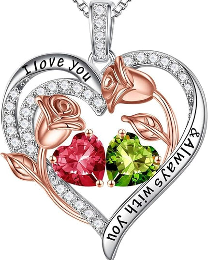 Iefil Christmas Gifts for Women Wife - 925 Sterling Silver Rose Heart Birthstone Necklace Birthday Anniversary Jewelry Gifts for Her Wife Mom Daughter