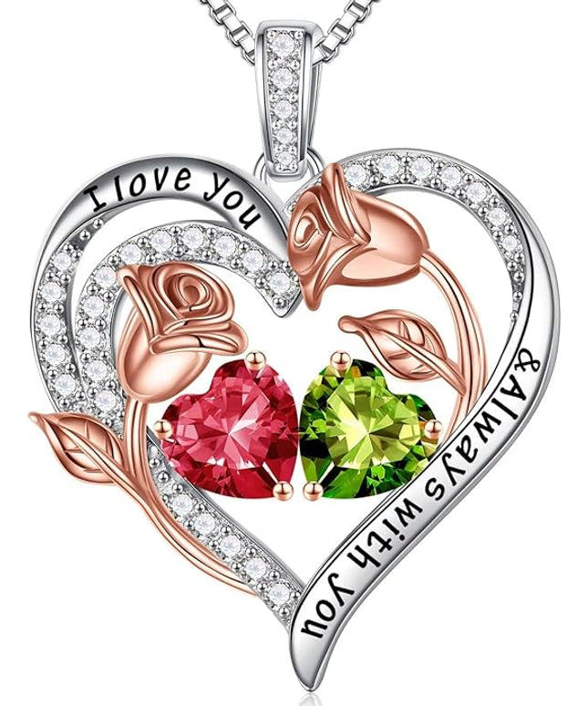 Iefil Christmas Gifts for Women Wife - 925 Sterling Silver Rose Heart Birthstone Necklace Birthday Anniversary Jewelry Gifts for Her Wife Mom Daughter