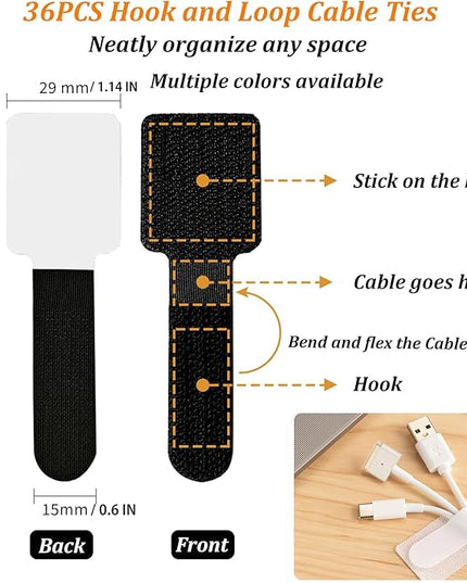 36PCS Cable Organizer Hook and Loop Cable Ties, Self Adhesive Hook and Loop Cable Straps Sticky-back Cable Management Cord Organizer Cable Clip for Household & Office Essentials (White*36)