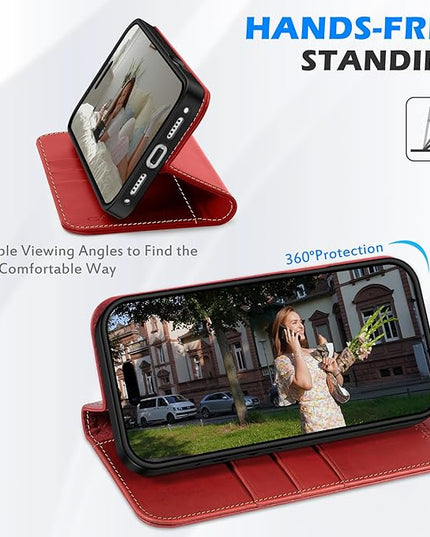 SHIELDON Genuine Leather Case Wallet for iPhone 17 Pro 6.3-inch 2025 | Book Design | Magnetic | Kickstand | RFID Blocking Credit Card Holder | Soft Shockproof Phone Cover | Retro Red