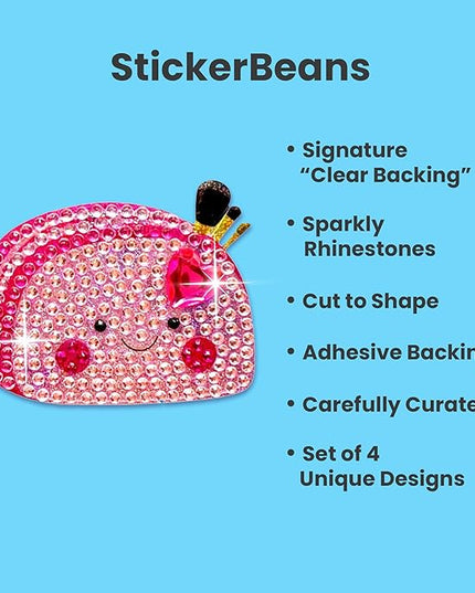 StickerBeans® Rhinestone Stickers – Glam Squad 2 4-Pack, 2” x 2” Unique Sparkly Cut-to-Shape for Collecting, Trading, Decorating Laptops, Phone Cases, Scrapbooks, Kids, Teens, & Adults