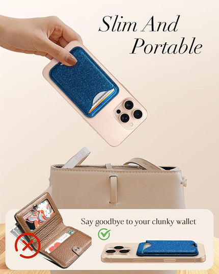 Shorogyt Compatible with Magsafe Wallet Magnetic Card Holder - Glitter Blue Phone Wallets for Women Teen Girls Fashion for iPhone 17/16/15/14/13/12 Series Slim for Apple Mag RFID Magnet, Fit 3 Cards