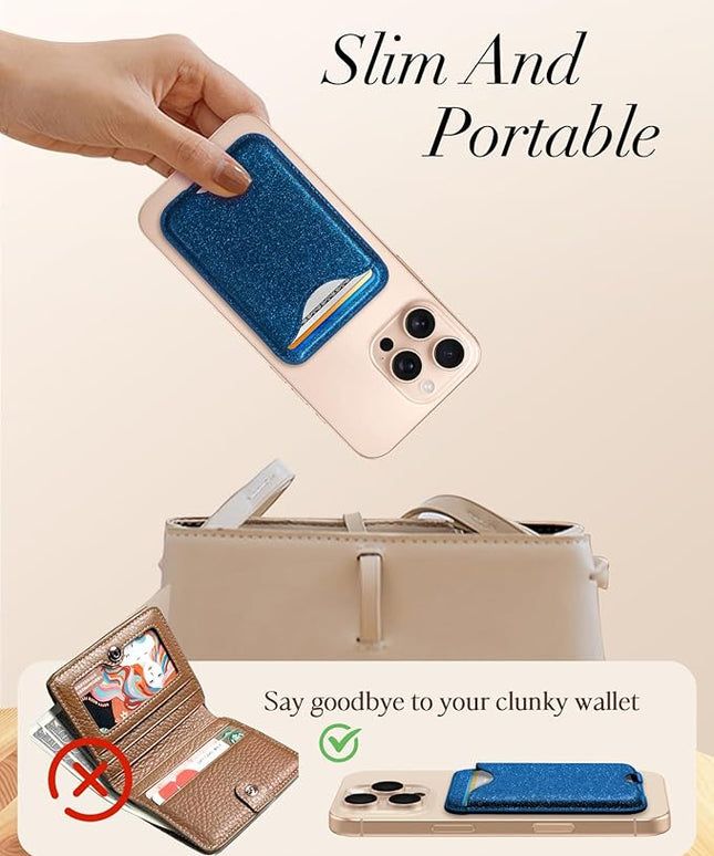 Shorogyt Compatible with Magsafe Wallet Magnetic Card Holder - Glitter Blue Phone Wallets for Women Teen Girls Fashion for iPhone 17/16/15/14/13/12 Series Slim for Apple Mag RFID Magnet, Fit 3 Cards