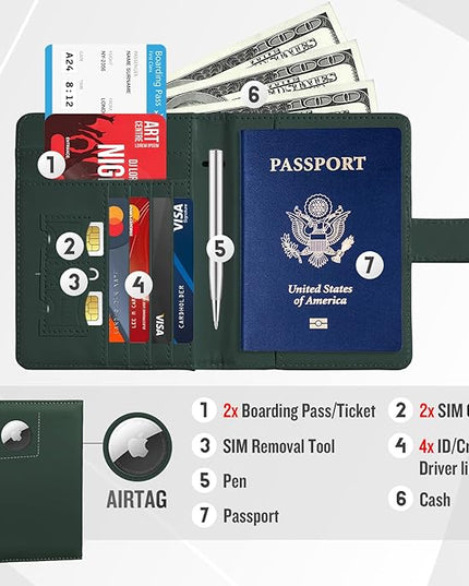 Passport Holder with Airtag Slot Cards Cash Air Ticket Pocket, Travle Gifts for Women Men RFID Blocking Wallet, Passport Book Cover Case Green