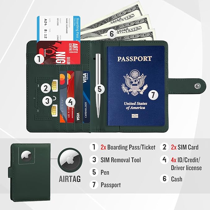 Passport Holder with Airtag Slot Cards Cash Air Ticket Pocket, Travle Gifts for Women Men RFID Blocking Wallet, Passport Book Cover Case Green