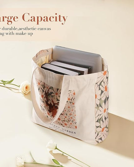 BROADREAM Aesthetic Canvas Tote Bag for Women, Vintage Reusable Book Tote Bag with Inner Zipper Pocket