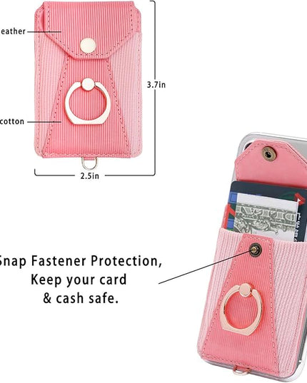 Cell Phone Card Holder,Card Holder for Back of Cell Phone with Ring Grip Stand,Adhesive Stick-on Credit Card Wallet Pocket with Detachable Neck Strap Pink