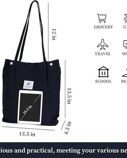 Corduroy Tote Bag Cute Tote Bags for Women Shoulder Bag with Inner Pocket for Work Beach Travel and Shopping Grocery