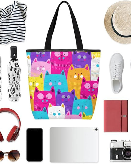 Pardick Cute Cats Colorful Seamless Canvas Tote Bag, Eco Friendly Reusable Grocery Shopping Bags Beach Bag Book Tote Handbags Washable Shoulder Bag With Zipper Inner Pocket for Women Girls