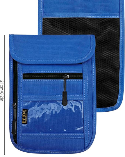 RFID Blocking Travel Neck Wallet Pouch and Passport Holder, Travel Neck Pouch Passport Holder for Women & Men - Blue