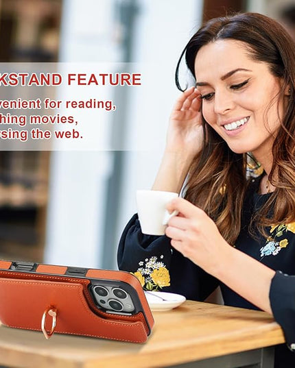 Folosu Compatible with iPhone 16 Pro Max Case Wallet with Card Holder, 360°Rotation Finger Ring Holder Kickstand, RFID Blocking Leather Protective Double Buttons Shockproof Cover 6.9 Inch Brown