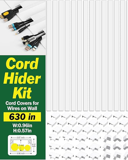 AZEN Cord Hider Kit, 630in Cord Covers for Wires on Wall, Paintable Wire Covers for Cords on Wall, Self-Adhesive Cable Hider Cord Organizer, Wire Hiders, 40X L15.75in X W0.96in x H0.57in