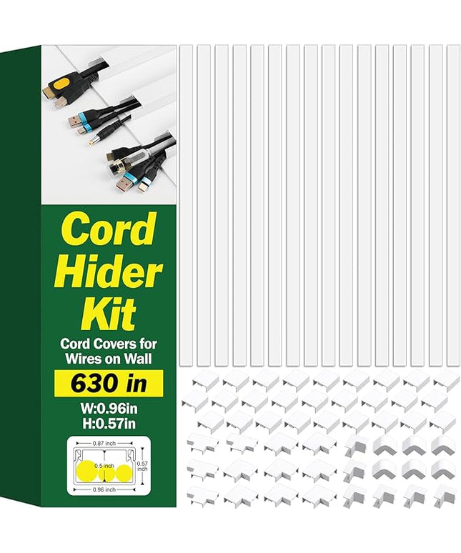 AZEN Cord Hider Kit, 630in Cord Covers for Wires on Wall, Paintable Wire Covers for Cords on Wall, Self-Adhesive Cable Hider Cord Organizer, Wire Hiders, 40X L15.75in X W0.96in x H0.57in