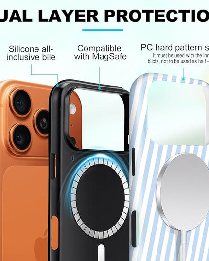Magnetic for iPhone 17 Pro Max Case Cute Diagonal Stripes Phone Case, Shockproof Slim TPU and Hard PC Protective Phone Cover Compatible with MagSafe Designed for Women Girls,Blue