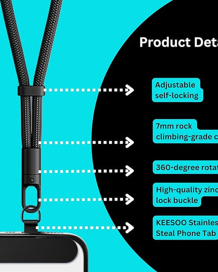Minimalist Wrist Strap Phone Lanyard with Adjustable Drop-Proof Design, 7mm Reinforced Climbing Rope Material, 2 Phone Tether Tabs (Matching Metal and Rotatable Clear) - Fuscous Grey