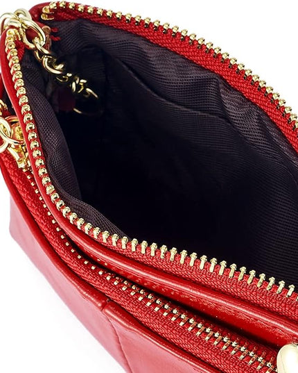 ZOOEASS Women PU Leather Zip Mini Coin Purse With Key Ring Triple Zipper Card Holder Wallet(Red)