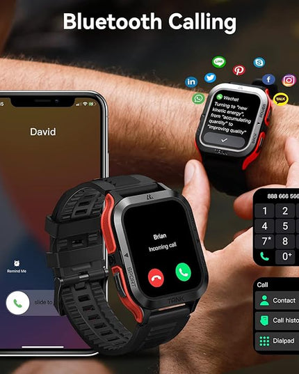 AMAZTIM Smart Watch, 60 Days Extra-Long Battery, 50M Waterproof, Rugged Military Bluetooth Call(Answer/Dial Calls), 1.85" Ultra Large HD Display, AI Voice Assistant, Compatible for Android and iOS-Red