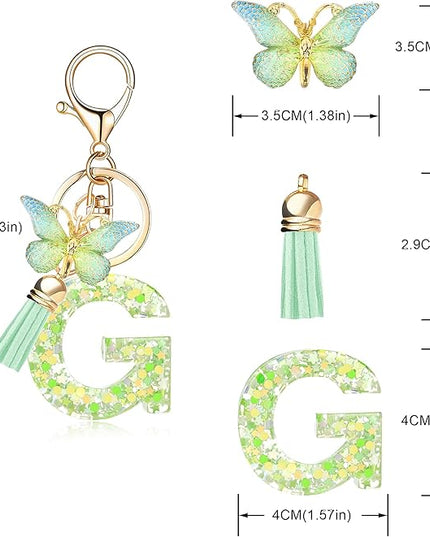 Fashion Alphabet Initial Letter Keychain Tassel Butterfly Pendant Key Ring for Purse Handbags Women Girl