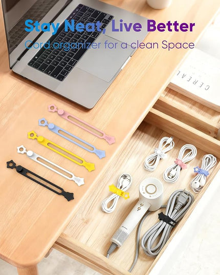 16 Pack Silicone Cable Ties, Reusable Star Design Cord Organizer Straps With 2 Binding Methos, Durable & Stretchable Wire Management for Home, Office, Travel (White)