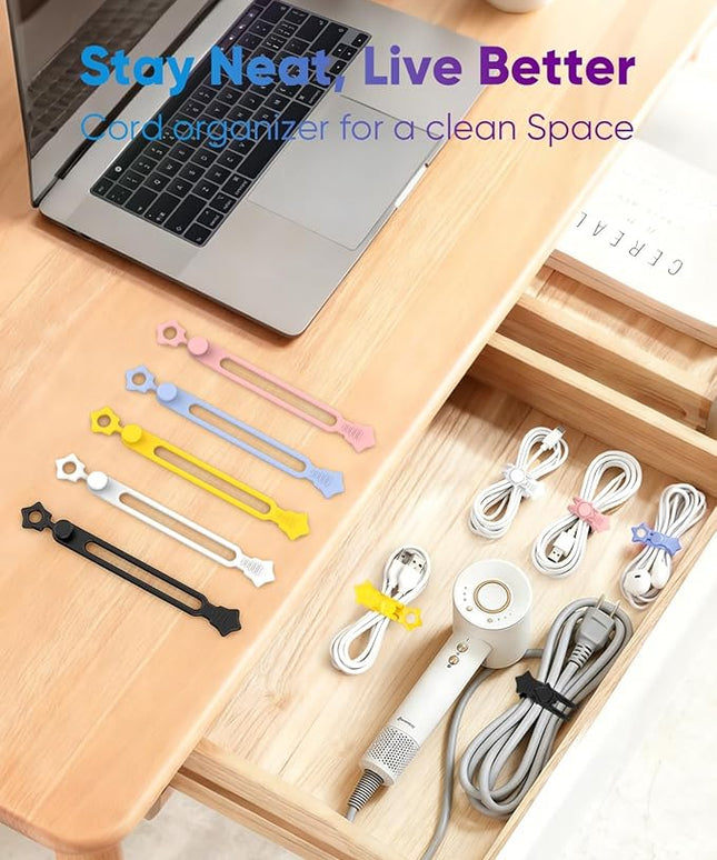36-Pack Silicone Cable Ties, Reusable Cord Organizer Straps With 2 Binding Methos, Durable & Stretchable Wire Management for Home, Office, Travel (Black)