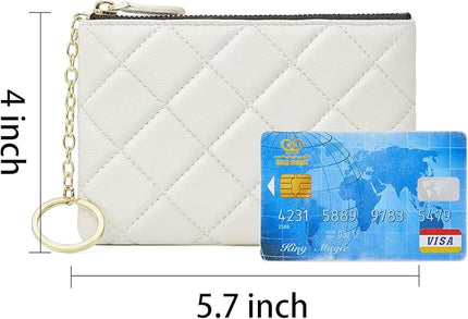 DORIS&JACKY Soft Lambskin Leather Coin Purse Small Quilted RFID Blocking Top Zipper Wallet With Key Chain
