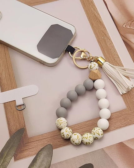 Phone Lanyard Silicone Beaded Phone Wrist Strap Cute Elastic Cell Phone Wristlet Chain Bracelet with 2 Tether Tab