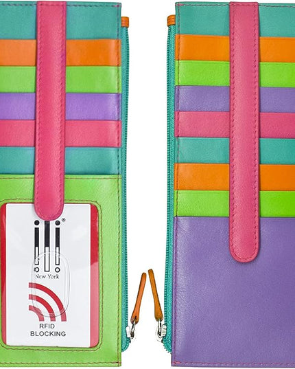 ili New York Long Double Sided Slim Wallet, RFID Blocking Card Holder with ID Window and Side Zip Pocket for Men and Women, Palm Beach
