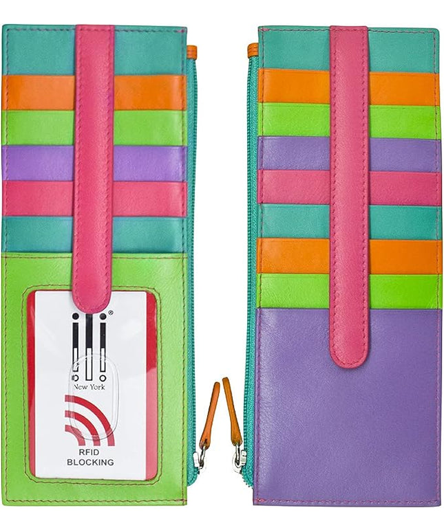 ili New York Long Double Sided Slim Wallet, RFID Blocking Card Holder with ID Window and Side Zip Pocket for Men and Women, Palm Beach